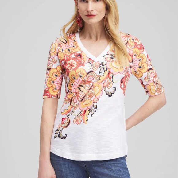 Chico's Women's Floral Elbow Sleeve A-Line Tee Sz 0 Multicolor Fall V-Neck Comfy - Picture 1 of 7